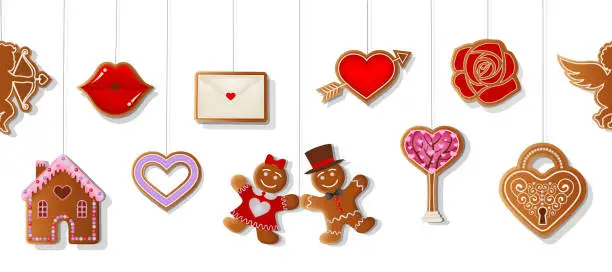 Vector illustration of valentine's day seamless border with gingerbread cookies