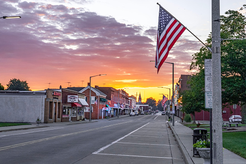 Main street of small town Skowhegan in Somerset County, Maine, USA