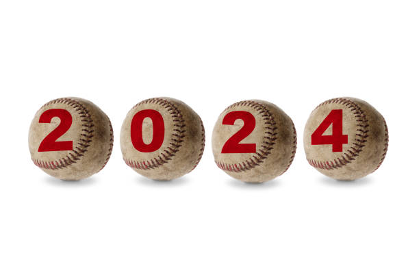 Row of 2024 old baseball ball on white background