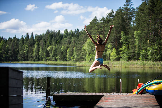 istock Woman jumping into a lake 180692823