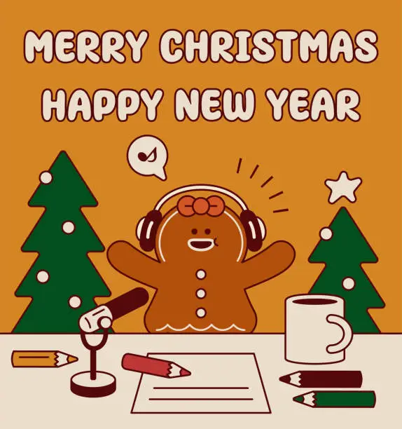 Vector illustration of A cute gingerbread woman radio host or podcaster is producing a radio show or livestream to wish you a Merry Christmas and a Happy New Year
