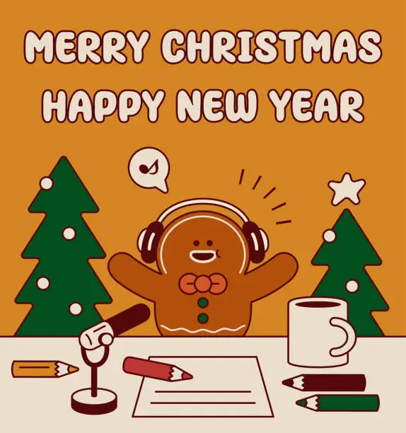 Vector illustration of A cute gingerbread man radio host or podcaster is producing a radio show or live stream to wish you a Merry Christmas and a Happy New Year