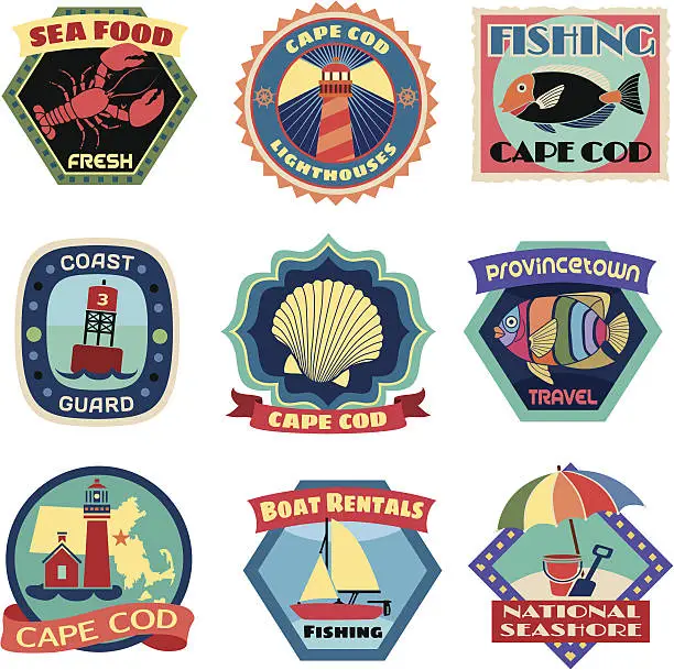 Vector illustration of Cape Cod luggage label or travel stickers