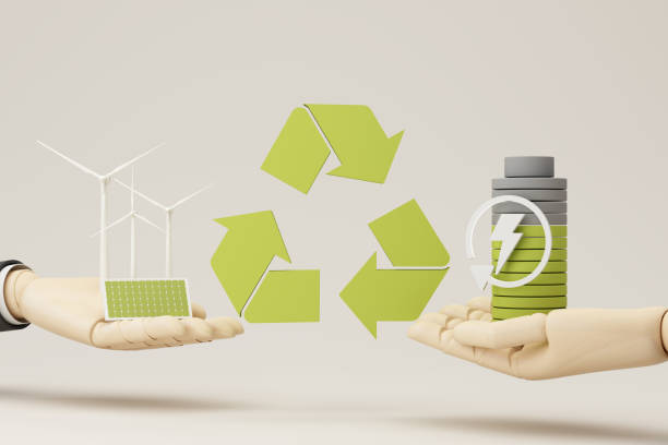 istock Concept of saving the world and using natural electrical energy. By offering alternative energy and recycling to create pure energy from trees, wind and solar panels. 3d rendering illustration 1806935899