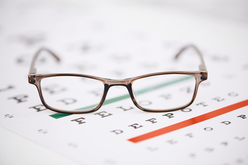 Bright image of eyeglasses and an eye chart with space for text