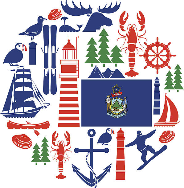 maine icon-set - travel travel destinations transportation maine stock-grafiken, -clipart, -cartoons und -symbole