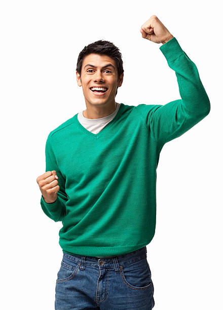 目標達成! 絶縁型 - men sweater excitement satisfaction ストックフォトと画像