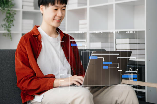 istock Project manager working and update tasks with milestones progress planning and Gantt chart scheduling diagram. business working with smart phone, tablet and laptop 1806955725