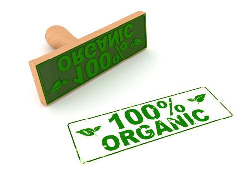 100% Organic Stamp. Digitally Generated Image isolated on white background