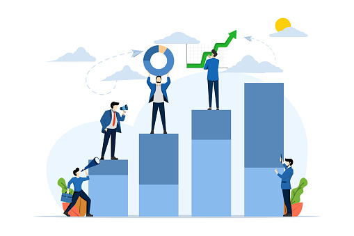 office worker studying infographics on graphs from columns, analyzing evolutionary scale, lifting vector. flat business illustration on white background.