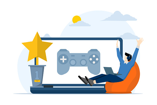 Play games with gadgets, gamers, video games, e-sports. Playing online games, people playing online games on PC, people playing mobile games. professional gamer, Entertainment flat vector illustration.