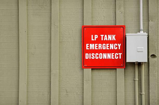 istock LP Tank Emergency Disconnect with sign 180696898