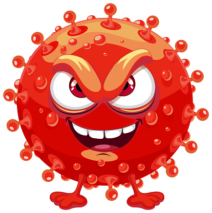 A vibrant and playful cartoon character of a red bacteria germ virus monster