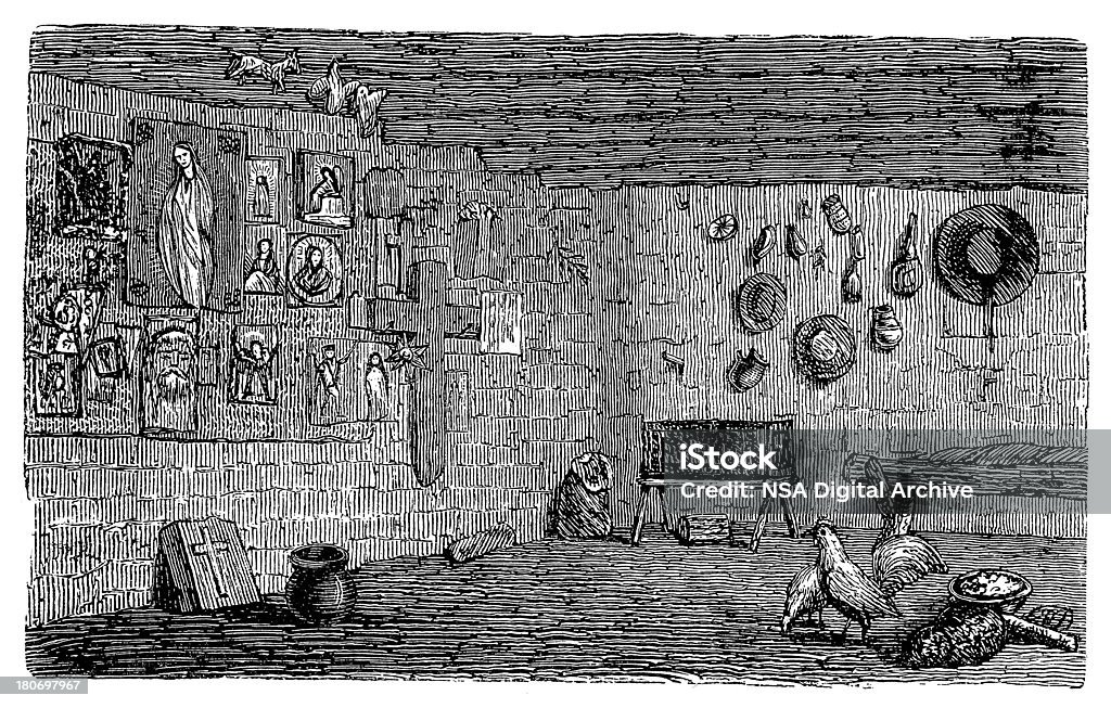 Wnętrze Dom w Meksyku (zabytkowe drewniane Grawerunek) - Zbiór ilustracji royalty-free (Ameryka Łacińska)