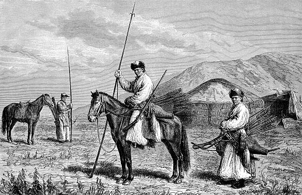 ilustrações de stock, clip art, desenhos animados e ícones de mongol de caçadores e soldados no cavalo - illustration and painting rifle hunting old fashioned