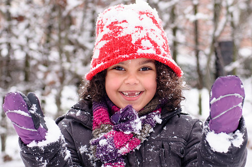 Royalty free stock photo of child playing in the snow.Shot in RAW and post processed in Prophoto RGB. This file has a signed model release.