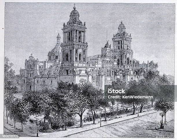 The Cathedral City Of Mexico Stock Illustration - Download Image Now - 19th Century, Architecture, Black And White