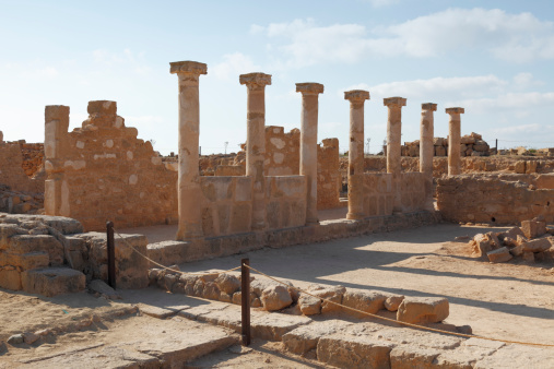 row of ancient roman columns in Pafos archaeological site Cyprus