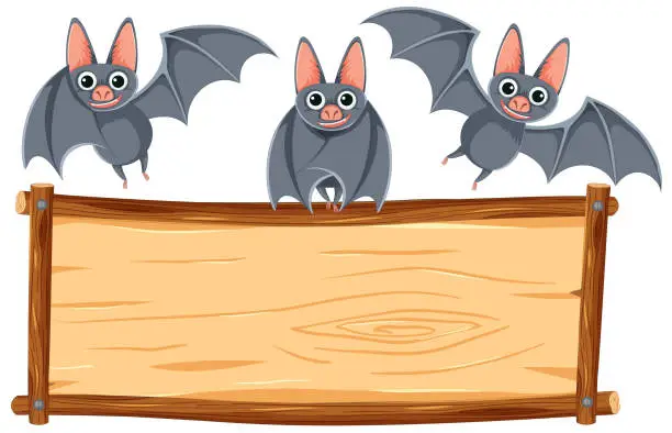 Vector illustration of Bats Standing on Wooden Board Frame