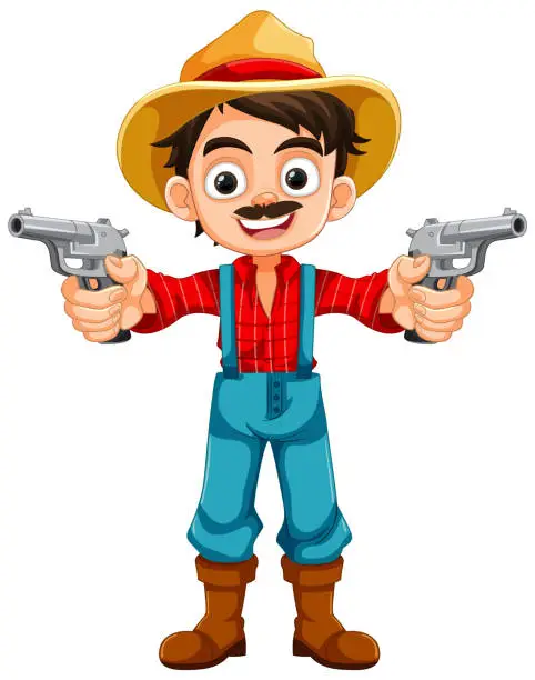 Vector illustration of Young Cowboy in Country Farmer Attire with Gun