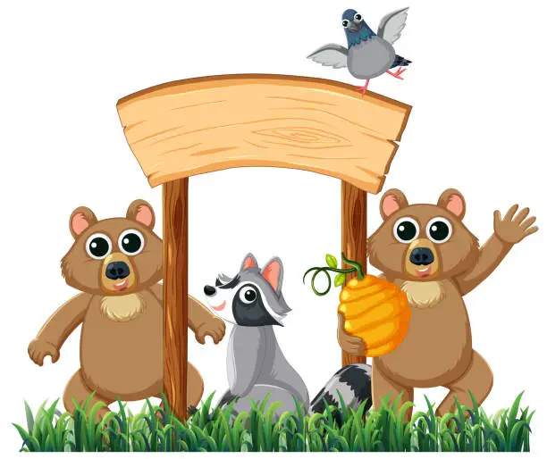 Vector illustration of Happy Bear and Raccoon at Wooden Signboard with Pigeon