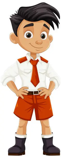 Vector illustration of Adorable Black-Haired Boy in Cartoon Officer Uniform