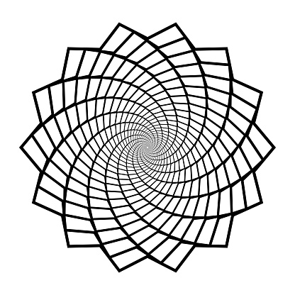 Abstract radial pattern. Circular geometric spiral shape. Round decorative flower or leaves content. Black design element for logo, label, tag, emblem, poster, banner. Vector illustration