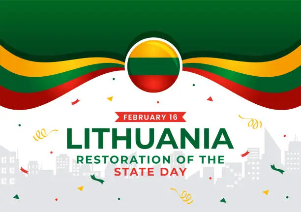 Vector illustration of Lithuania Restoration of the State Day Vector Illustration on 16 February with Waving Flag in Happy Independence Holiday Flat Cartoon Background