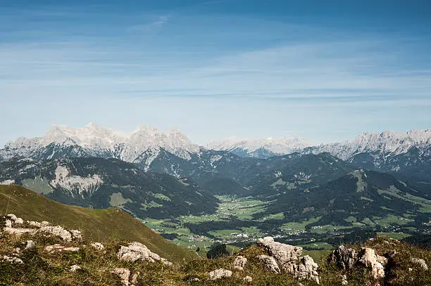 "Summer in the Tirol Alps, Austria. View from the KitzbAheler Horn to Fieberbrunn."