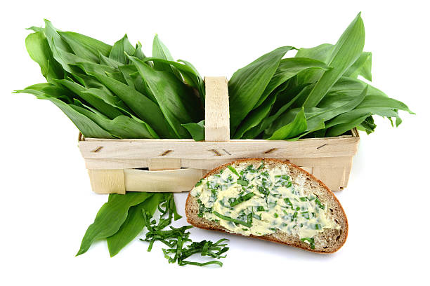 herb butter wild garlic (Allium ursinum) on slice of bread herb butter wild garlic (Allium ursinum) on slice of bread at wooden cutting board. in background a basket on white isolated background zigeunerlauch stock pictures, royalty-free photos & images