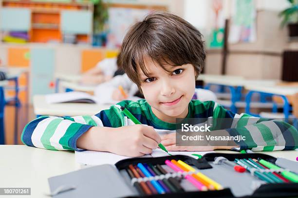 Schoolboy At Classroom Stock Photo - Download Image Now - Pencil Case, Child, Front View