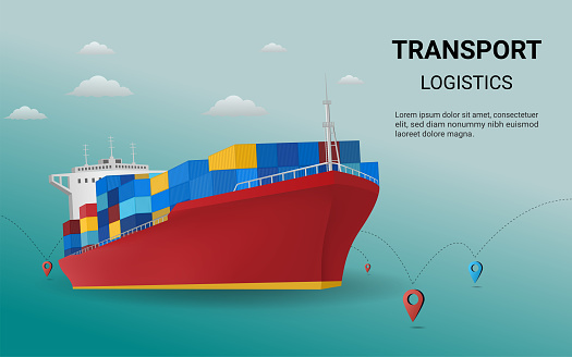 Transportation by cargo ship, Container ship, Global logistic, Sea logistics. Goods, Warehouse, Cargo, Container, Courier. Concept for cargo maritime ship. 3D Perspective Vector illustration