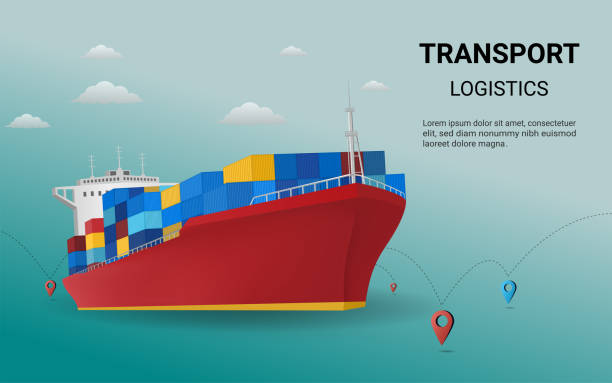 online delivery 42 Ship transport Transportation by cargo ship, Container ship, Global logistic, Sea logistics. Goods, Warehouse, Cargo, Container, Courier. Concept for cargo maritime ship. 3D Perspective Vector illustration freight liner stock illustrations