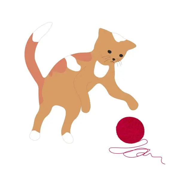 Vector illustration of Cat playing with red yarn