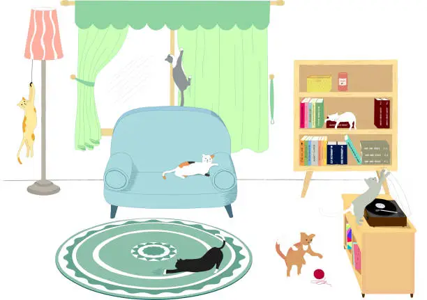 Vector illustration of Set of Cats playing in the living room