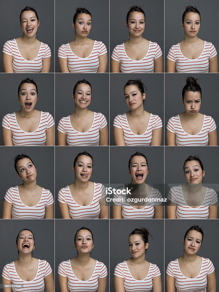 Expresiones faciales mujer joven haciendo - Foto de stock de Expresión facial libre de derechos