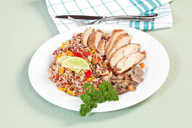 Slices of roasted chicken breast with rice color. Rice is mixed with peppers and almonds. Garnished with parsley and lime slices, mushrooms as an attachment. Selective focus, shallow DOF.