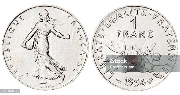 French Franc On White Background Stock Photo - Download Image Now - French Currency, Franc Sign, One French Franc Coin