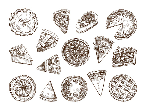 Hand-drawn vintage set of traditional cakes, tarts and pies sketch. Sweet bakery, fruit, berries. Top view. Vector collection of ink baking illustration. Food for Thanksgiving, Christmas.