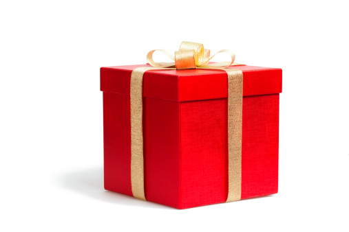 Three red shiny gift Boxes on white shiny background