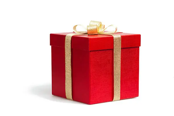 Photo of red gift on white background