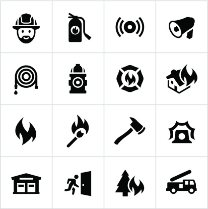 Firefighting icons. All white strokes/shapes are cut from the icons and merged allowing the background to show through.
