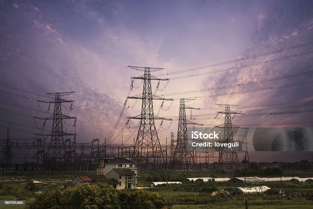 High voltage tower Electricity Pylon Air Pollution Stock Photo