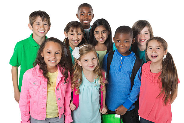 Casual diverse group of elementary school students with backpacks Casual diverse group of elementary school students with backpacks food elementary student healthy eating schoolboy stock pictures, royalty-free photos & images