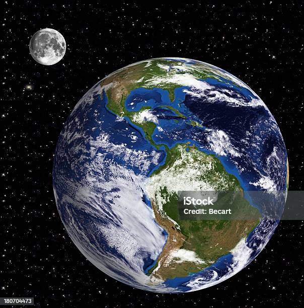Terra Modelo Vista Da América Do Sul Da Lua E Estrelas Em Backgroun - Fotografias de stock e mais imagens de Globo terrestre