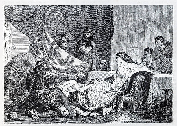 Haman Begs for Mercy An etching of an 1865 painting  by Edward Armitage (1817-1896) showing queen Esther condemning Haman.  Bible reference:  Book of Esther 7:1-10 .  Etching from a 1877 issue of Harper's New Monthly Magazine esther bible stock illustrations