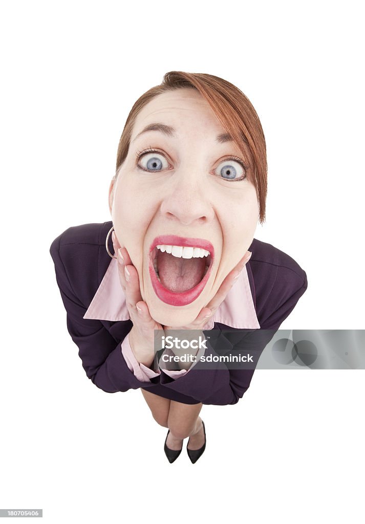 Excited Fisheye Woman A fisheye image of a very happy woman. Fish-Eye Lens Stock Photo