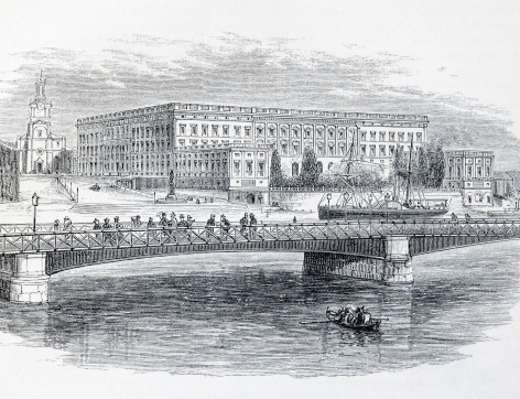 A 19th century etching of the Stockholm Palace in Sweden.  Image was first published in a 1881 issue of Harper's New Monthly Magazine