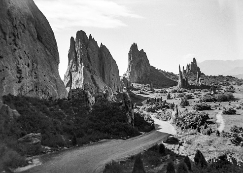 Cathedral Valley showing some of the unusual hogback formations in Garden of the Gods city park, Colorado Springs, Colorado, USA. Photo taken on September 8, 1946.