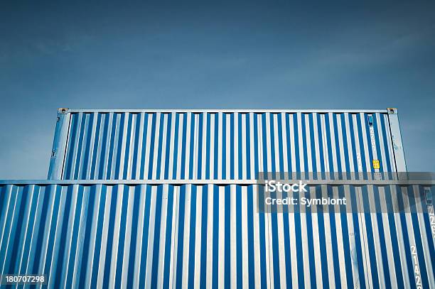 Blue Cargo Containers Stock Photo - Download Image Now - Cargo Container, Low Angle View, Blue